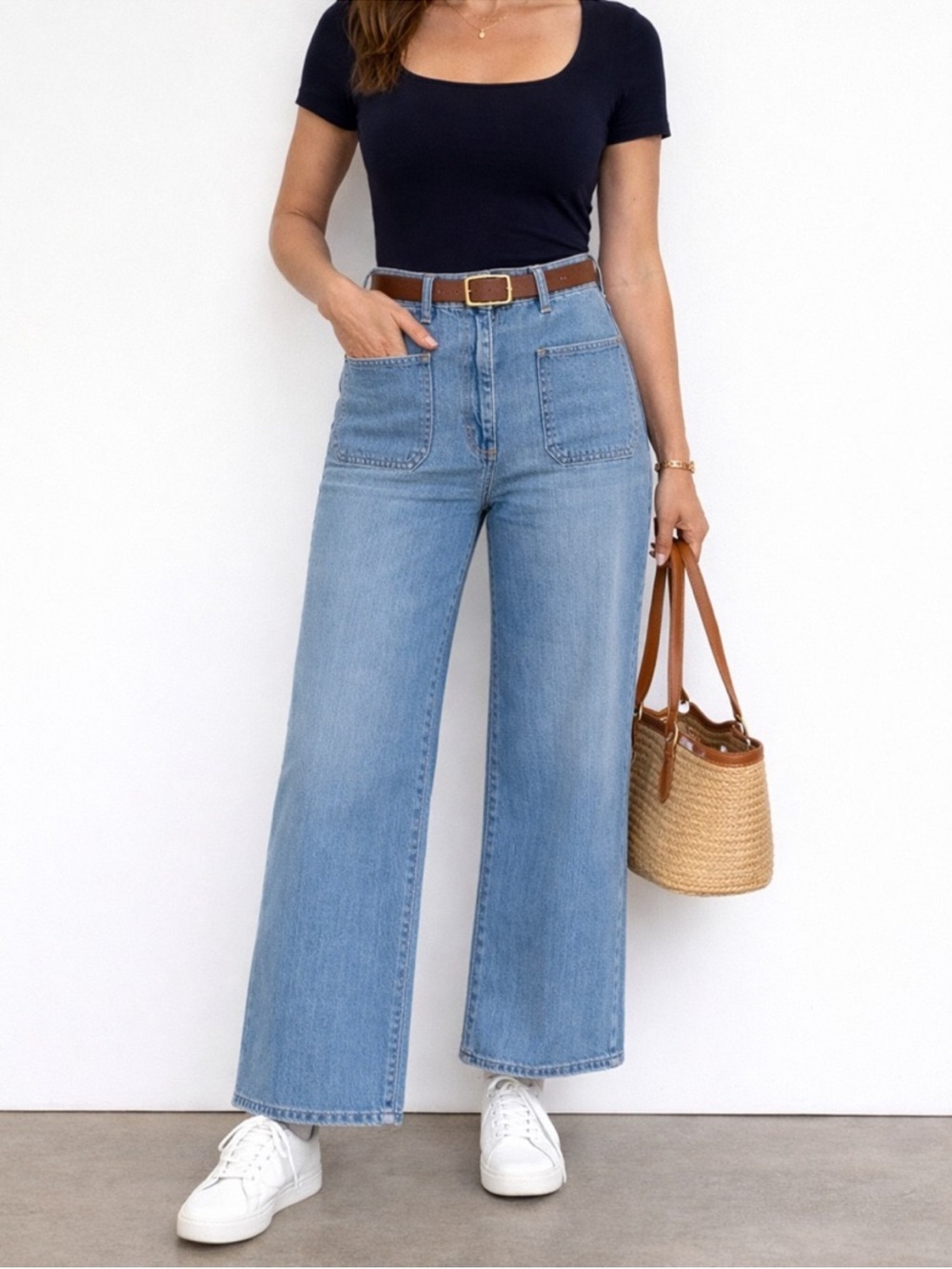 J. Crew High Rise Wide Leg Crop Jeans Patch Pocket All Day Stretch Light Wash